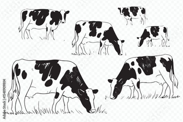 Obraz black and white vector illustration of cows grazing in pasture with detailed line art