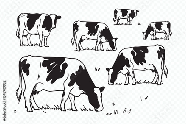 Obraz detailed monochrome drawing of cattle grazing in a meadow, farm life agricultural scene vector