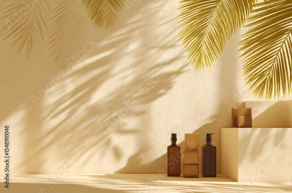Obraz A warm, sunlit room with shadows from palm leaves on the wall, creating an abstract background for product display or presentation. 