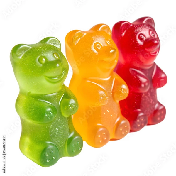 Fototapeta Gummy Bear Trio A playful arrangement of three vibrant gummy bears, each a unique color, standing in a row, evoking a sense of childlike fun and sugary sweetness