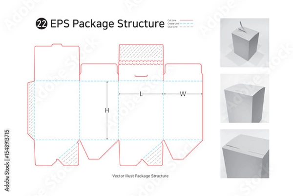 Obraz P1_22. Three sided adhesive easy cut box. package structure. package Dieline. Box structure. 