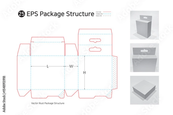 Obraz P1_25. Three sided adhesive hanger type rectangular box. package structure. package Dieline. Box structure.  