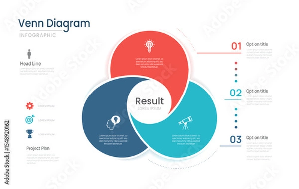 Fototapeta Venn diagram business infographic circle chart template three steps options, presentation with venn diagram elements vector illustration.