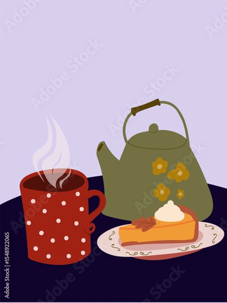 Fototapeta Vector illustration of a cozy autumn scene featuring a steaming mug, green teapot, and pumpkin pie slice on a table. Poster template for fall, holiday, bakery branding, and dessert themed designs.