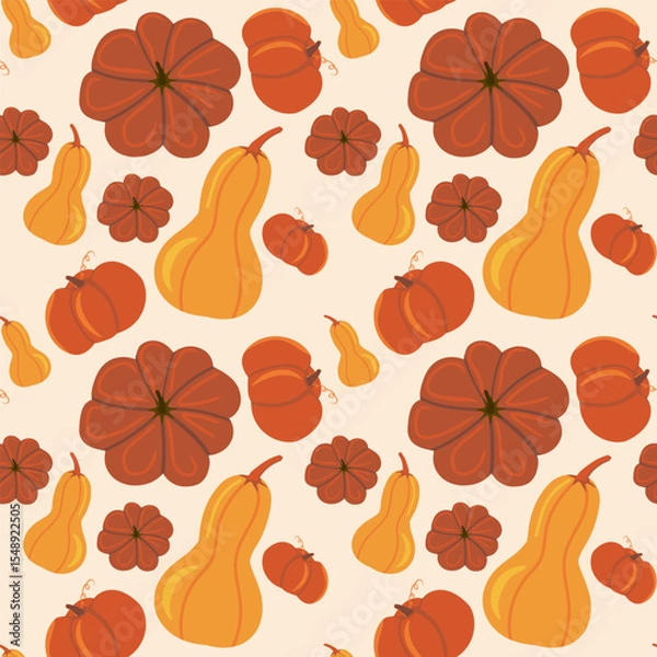 Fototapeta Seamless vector pattern of autumn pumpkins, squashes  and gourds in fall colors. Bright flat design for autumnal, harvest, and Thanksgiving backgrounds and prints.