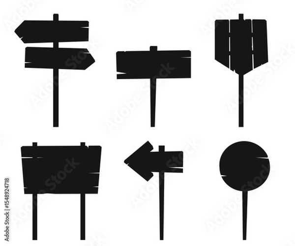 Obraz Wooden chalkboards or signs for announcements. Black silhouette pointer. Travel guidepost. Navigation arrow or billboard. Crossroad signpost. Directional roadsign. Vector signboards set