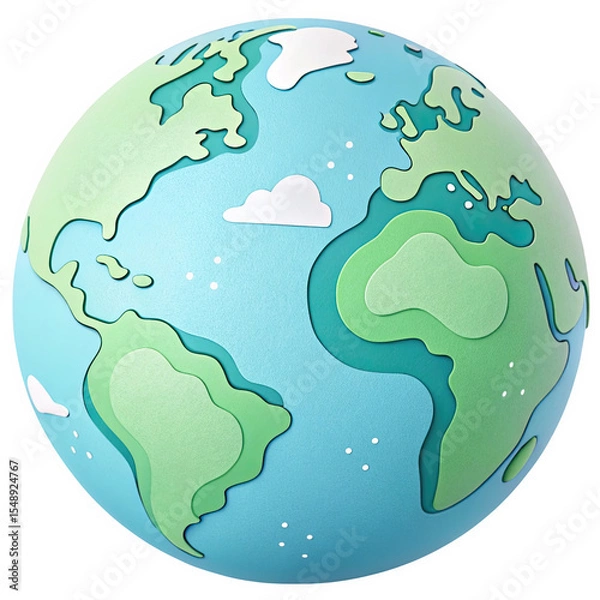 Fototapeta Stylized 3 D Papercraft Earth Globe Light Blue Green Continents Layered Peaks White Clouds isolated on a transparent background