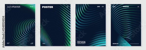 Fototapeta Abstract line wave gradient poster background vector set. Minimalist cover template with vibrant perspective line wave in motion. Ideal design for social media, cover, banner, flyer, music, ads.