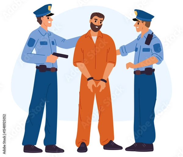 Obraz Police officers have apprehended dangerous criminal and escorting him to policeman station. Law punishment. Robber in handcuff. Jail convoy. Guilty thief detainment. Vector concept