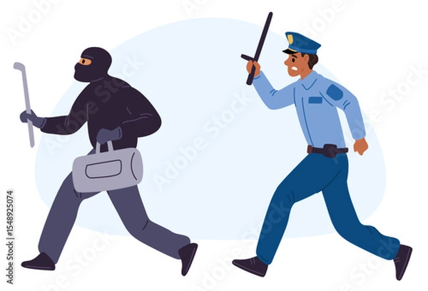 Obraz Police officer with baton chases robber. Crime running away from policeman. Criminal escapes from security guard. Gangster with stolen bag. Cop and bandit pursuit race. Vector concept