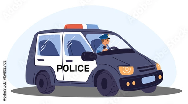 Obraz Police car. Patrol officer driver behind steering wheel. Policeman in vehicle. Automobile driver. Automotive machine with siren. Cop transportation. Sheriff transport. Vector concept