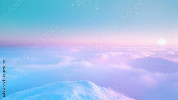 Fototapeta Dreamy landscape with mountains and soft pastel clouds at sunrise, evoking tranquility and peace