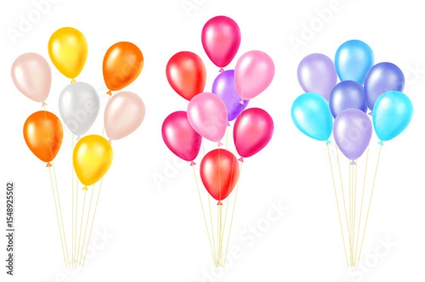 Obraz Festive realistic inflatable multicolored balloons. Birthday helium spheres bunch. Inflated balls flying. Celebration decorations. Helium bubbles. Vector holiday party floating objects set