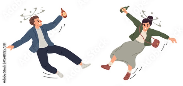 Obraz Drunken man and woman lose their balance and fall from dizziness associated with alcohol intoxication. Trembling people stumble. Addiction of booze. Unhealthy habits. Vector concept