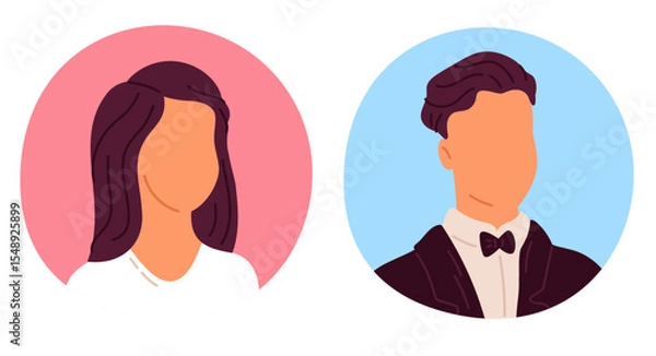 Obraz Abstract female and male face icons. Avatars or anonymous profiles. Social media anonymous sign. Round minimal portrait. Young man and woman. Nameless smile heads. Vector user symbols set