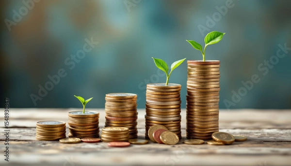 Fototapeta Wealth accumulation metaphor with stacks of coins growing taller and small green plants sprouting top, symbolizing financial