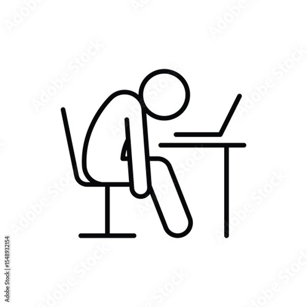Fototapeta Burnout Icon Vector, Exhausted Person Slouched at Desk with Laptop, Outline Symbol for Remote Work Fatigue, Mental Exhaustion, and Overwork Stress