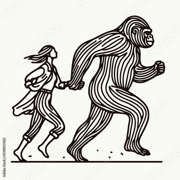 Fototapeta Gorilla couple running. Valentine Love Romance Cupid February Clipart Line Art Vector Illustration. Ape pair dash a wild animal duo in motion wildlife jog photo theme.