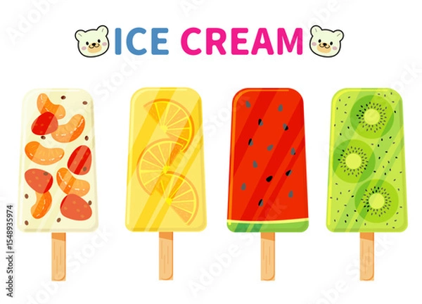 Obraz フルーティーなアイスキャンディー4本：フルーツミルク、オレンジ、スイカ、キウイ