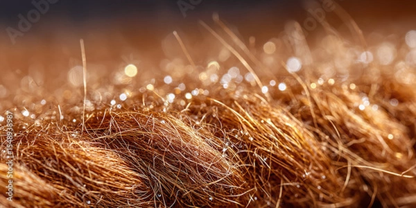 Obraz Extreme macro photo of golden fibers with glistening highlights, creating an abstract organic texture with shimmer and depth.