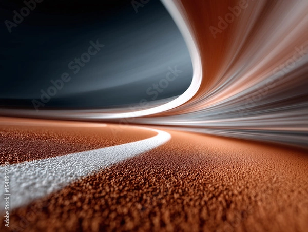 Obraz A dynamic abstract image of a red rubber running track with white line, enhanced by streaks of motion and dramatic lighting.