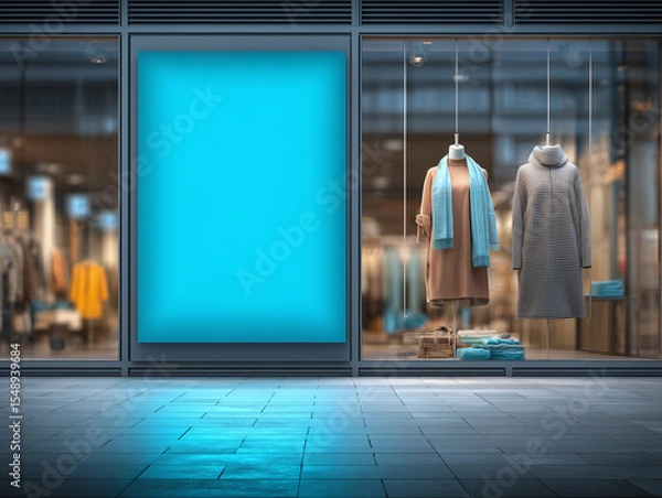 Obraz Modern retail fashion storefront with stylish coats displayed in minimalist interior, clean architecture and large glass windows.