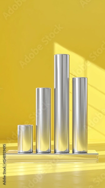 Obraz A modern silver metallic bar chart displayed on a yellow surface, combining business data symbolism with minimal geometric design.