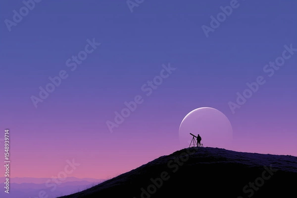 Obraz Silhouetted telescope atop a rocky hill pointing at a glowing crescent moon in twilight sky, with city lights far below.