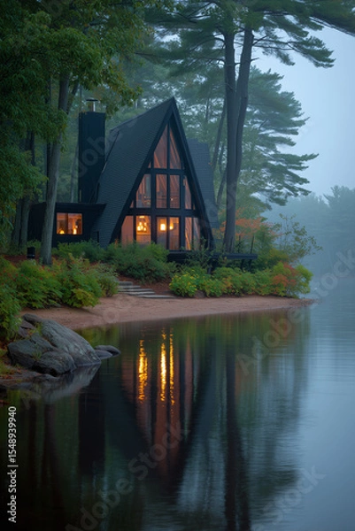 Obraz A cozy black A-frame cabin glows warmly at dusk on the edge of a misty forest lake surrounded by pine trees and reflection.