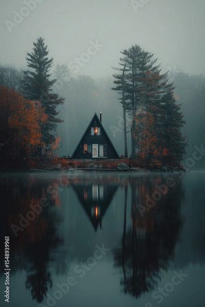 Obraz A cozy black A-frame cabin glows warmly at dusk on the edge of a misty forest lake surrounded by pine trees and reflection.
