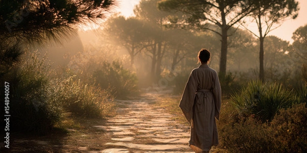 Obraz Back view of a woman in traditional robe walking a quiet woodland trail at sunrise, surrounded by mist and morning light.