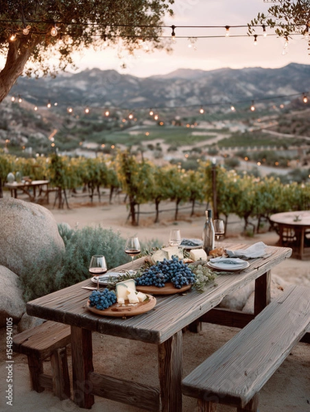 Obraz Wooden table at vineyard at sunset with wine glass, bottle, grapes, and cheese plate under warm string lights for outdoor dining.