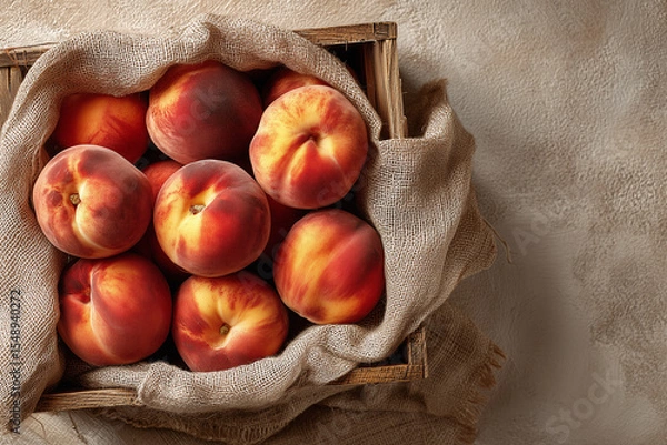 Obraz Detailed shot of ripe peaches in a wooden crate lined with burlap cloth, placed against a soft beige background, showing texture and warmth.