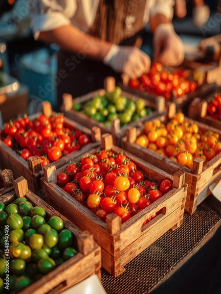 Obraz Multiple wooden crates filled with red, yellow, and green tomatoes at an outdoor market stall, glowing warmly in golden evening light.