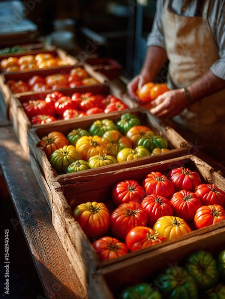 Obraz Multiple wooden crates filled with red, yellow, and green tomatoes at an outdoor market stall, glowing warmly in golden evening light.