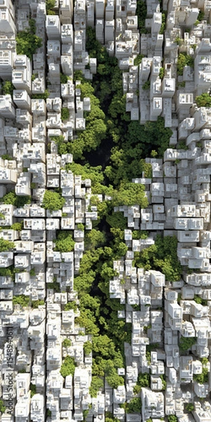 Obraz Top-down view of white urban buildings surrounding dense green forest in symmetrical grid, blending architecture and sustainable design.
