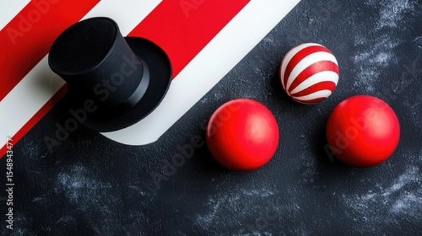 Fototapeta Colorful Circus Still Life with Red Balls and a Black Top Hat on Dark Textured Background, evoking a sense of magic and playful entertainment