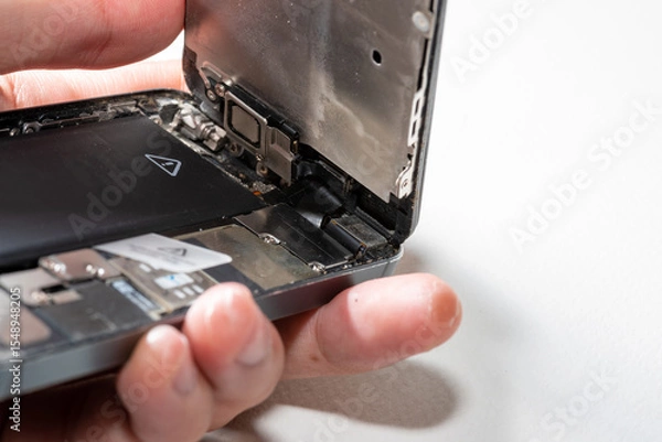 Fototapeta The smartphone was damages and need to repair  which tools smartphone that stand on white background by hands of repairman.
