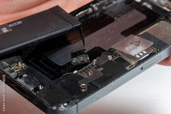 Fototapeta The smartphone was damages and need to repair  which tools smartphone that stand on white background by hands of repairman.
