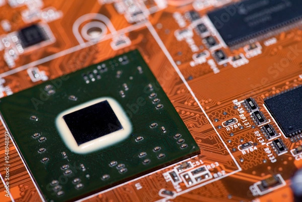 Fototapeta Abstract, Close up at electronic circuits, we see the technology of the mainboard, which is the important background of the computer. (logic board,cpu motherboard,Main board,system board,mobo)	