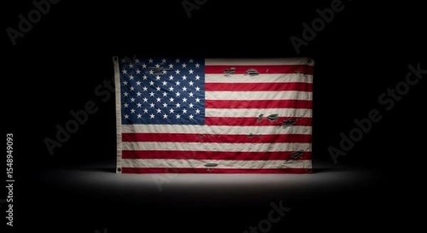 Fototapeta A Worn and Torn American Flag in the Dark: A Symbol of Sacrifice and Resilience