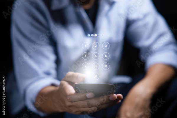 Fototapeta Businessman Hand pressing passcode button on virtual screen to unlock, security system, cyber security, technology network concept.