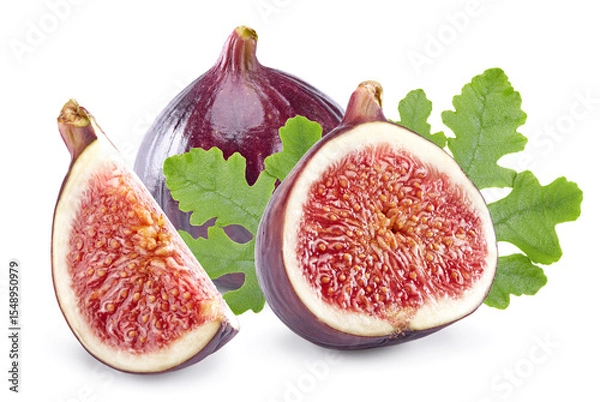 Obraz Fig fruit with green leaves isolated on white background. clipping path