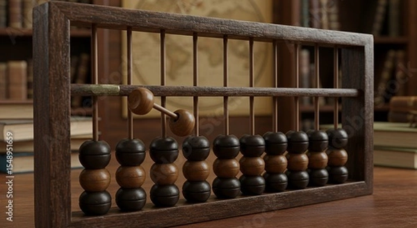 Fototapeta Antique Wooden Abacus in a Study, Beads in Motion, Historical Calculation Tool