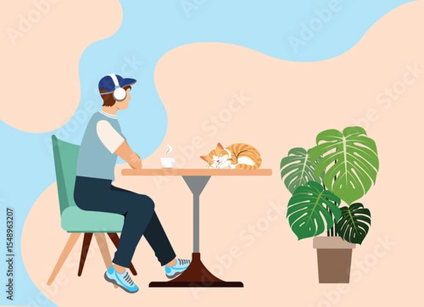Fototapeta Flat design vector illustration of a young man relaxing at a coffee table with a steaming cup of coffee, accompanied by a sleeping orange cat and a large potted plant. The soft pastel background 