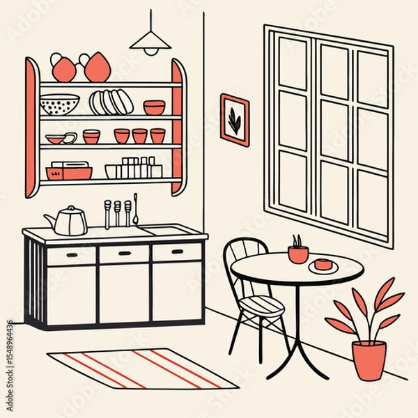 Fototapeta Minimalist Kitchen Vector Illustration – Warm Space with Open Shelves and Dining Table