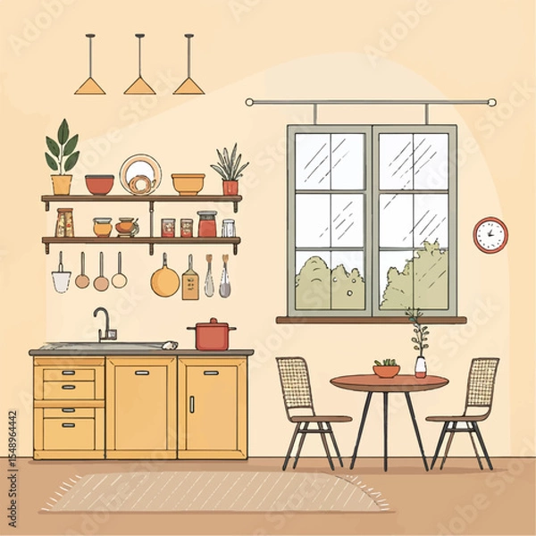 Fototapeta Warm Kitchen Scene Vector – Minimalist Style with Open Shelves and Small Dining Table