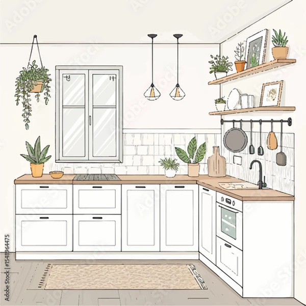 Fototapeta Cozy Kitchen Vector – Flat Design with Kitchen Utensils and Dining Space by Window
