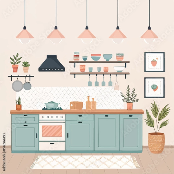 Fototapeta Flat Kitchen Scene Vector – Minimalist Cozy Design with Shelves and Pendant Lighting