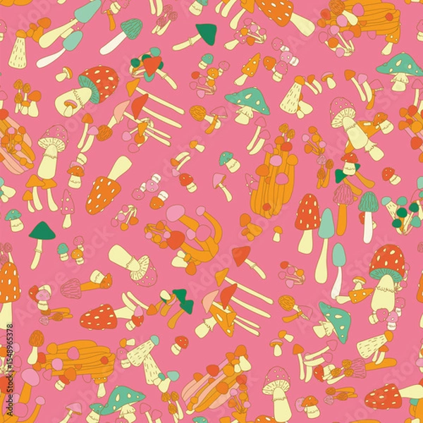 Fototapeta Colorful mushroom illustration forming seamless pattern, playful fungi design good for creative textile and wrapping paper. Fly agaric and toadstool doodle vector